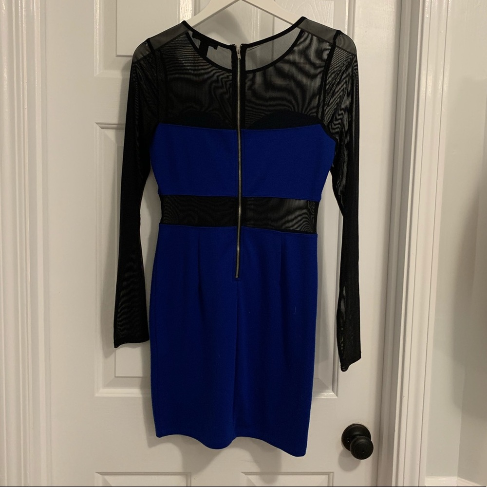 Blue long sleeve bodycon dress with mesh detailing